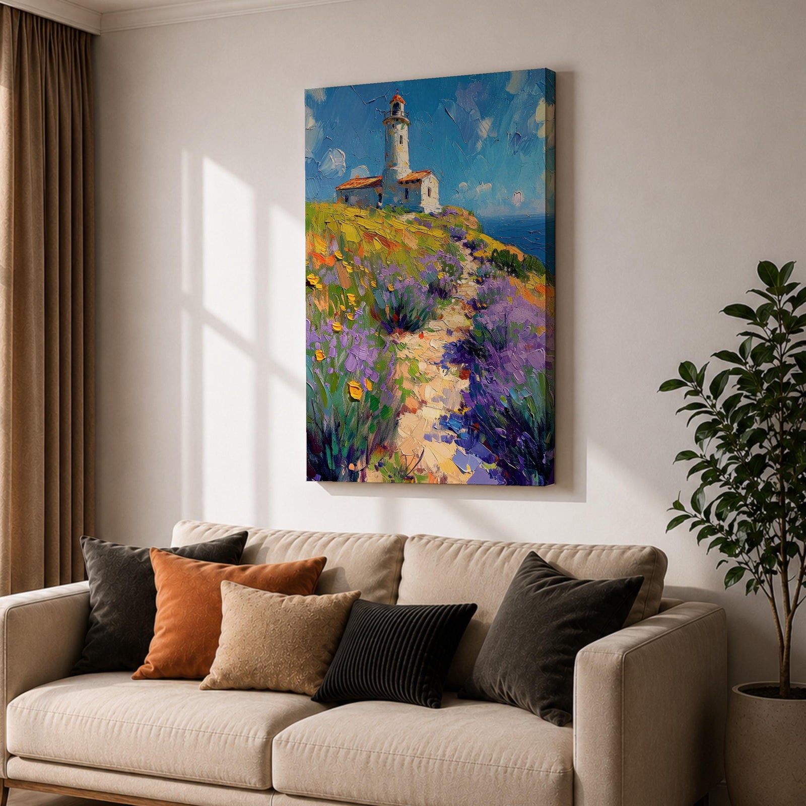 This impasto style painting features a lighthouse perched on a coastal cliff surrounded by vibrant lavender and wildflowers. A winding path leads toward the lighthouse under a bright blue sky with textured brushstrokes creating depth and movement in the landscape composition.