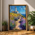This impasto style painting features a lighthouse perched on a coastal cliff surrounded by vibrant lavender and wildflowers. A winding path leads toward the lighthouse under a bright blue sky with textured brushstrokes creating depth and movement in the landscape composition.