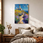This impasto style painting features a lighthouse perched on a coastal cliff surrounded by vibrant lavender and wildflowers. A winding path leads toward the lighthouse under a bright blue sky with textured brushstrokes creating depth and movement in the landscape composition.