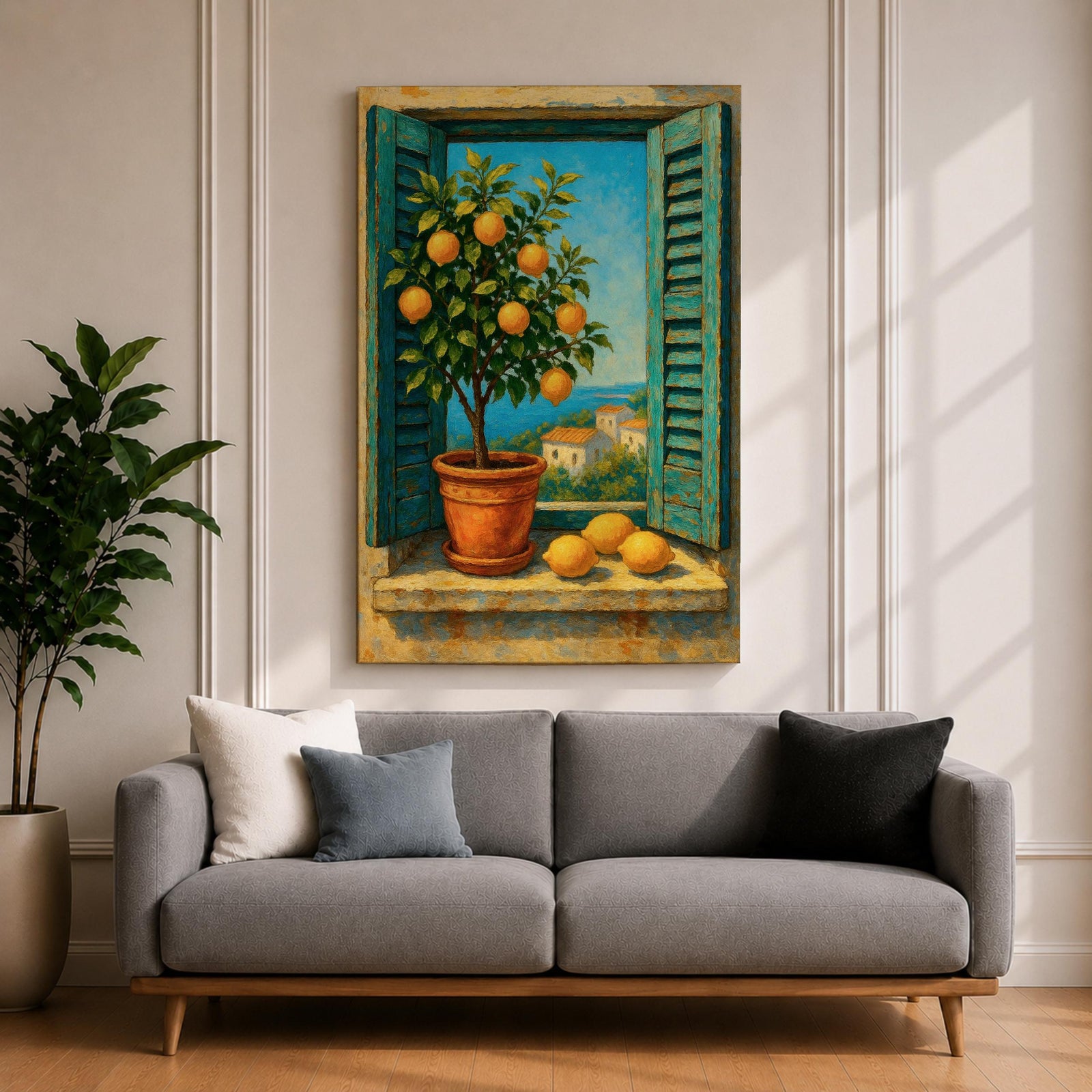 A vibrant framed canvas painting depicting a lemon tree in a terracotta pot set within an open window with blue shutters overlooking a Mediterranean coastal landscape. The artwork captures lush green leaves and ripe lemons with a rustic garden feel, emphasizing natural beauty and outdoor tranquility.
