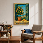A vibrant framed canvas painting depicting a lemon tree in a terracotta pot set within an open window with blue shutters overlooking a Mediterranean coastal landscape. The artwork captures lush green leaves and ripe lemons with a rustic garden feel, emphasizing natural beauty and outdoor tranquility.