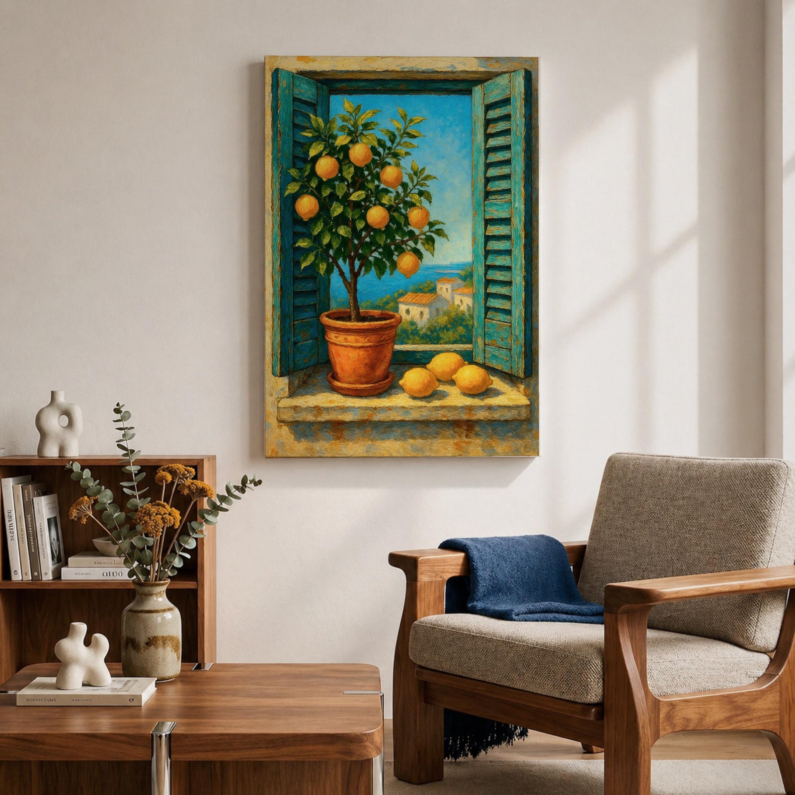 A vibrant framed canvas painting depicting a lemon tree in a terracotta pot set within an open window with blue shutters overlooking a Mediterranean coastal landscape. The artwork captures lush green leaves and ripe lemons with a rustic garden feel, emphasizing natural beauty and outdoor tranquility.