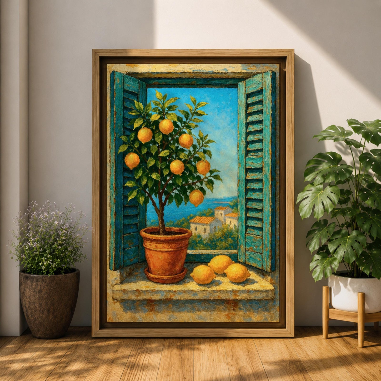A vibrant framed canvas painting depicting a lemon tree in a terracotta pot set within an open window with blue shutters overlooking a Mediterranean coastal landscape. The artwork captures lush green leaves and ripe lemons with a rustic garden feel, emphasizing natural beauty and outdoor tranquility.