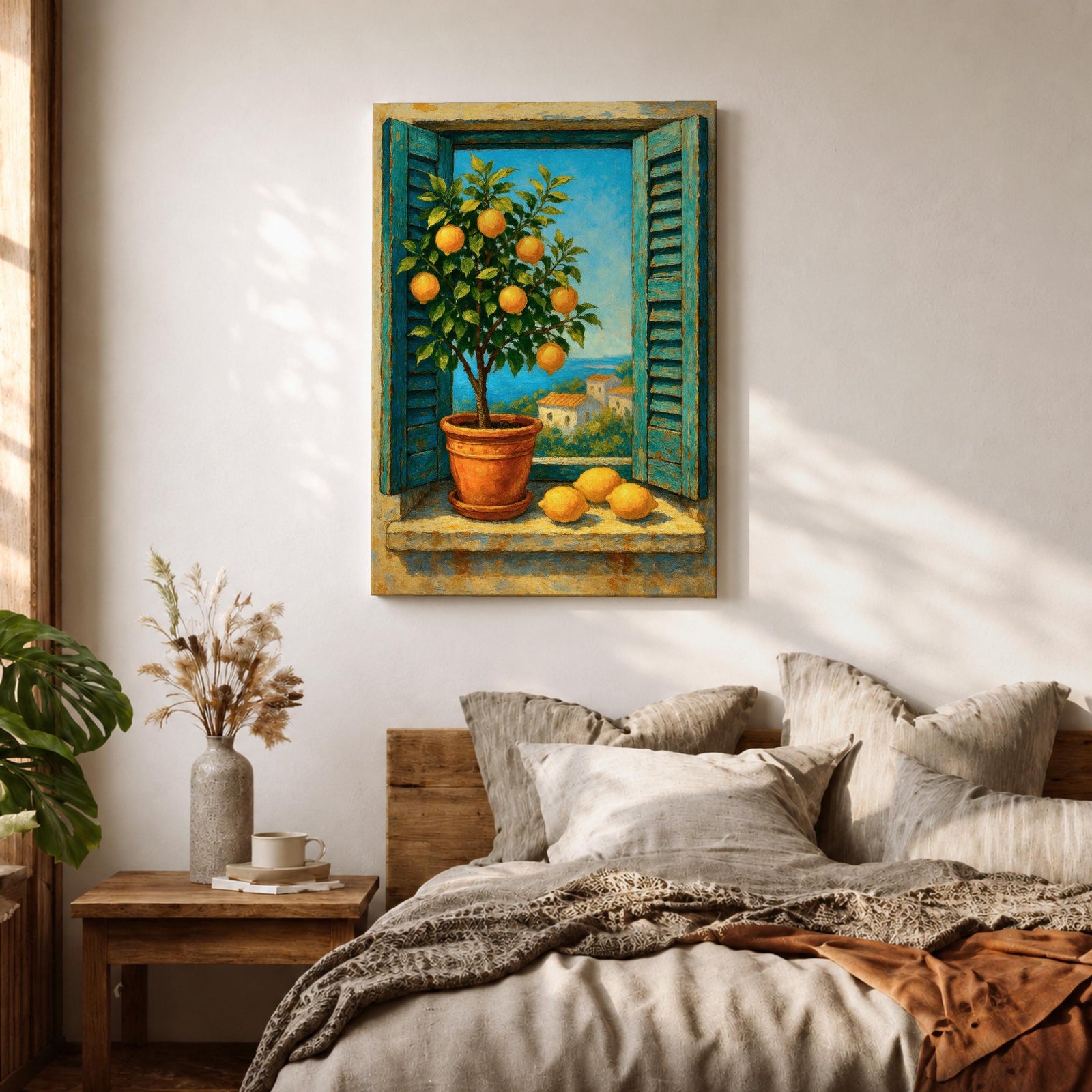 A vibrant framed canvas painting depicting a lemon tree in a terracotta pot set within an open window with blue shutters overlooking a Mediterranean coastal landscape. The artwork captures lush green leaves and ripe lemons with a rustic garden feel, emphasizing natural beauty and outdoor tranquility.