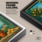 A vibrant framed canvas painting depicting a lemon tree in a terracotta pot set within an open window with blue shutters overlooking a Mediterranean coastal landscape. The artwork captures lush green leaves and ripe lemons with a rustic garden feel, emphasizing natural beauty and outdoor tranquility.