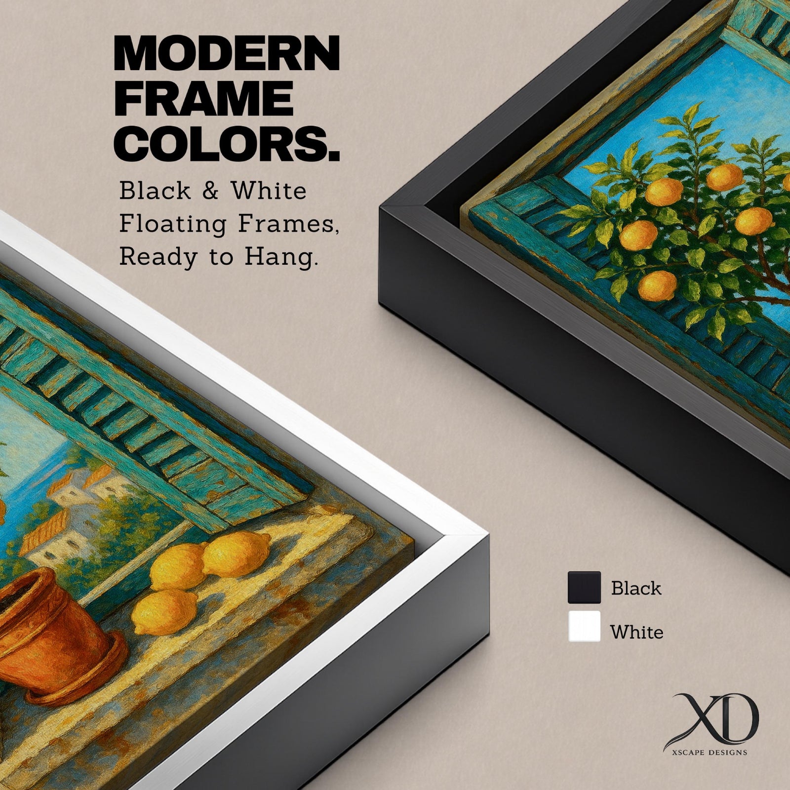 A vibrant framed canvas painting depicting a lemon tree in a terracotta pot set within an open window with blue shutters overlooking a Mediterranean coastal landscape. The artwork captures lush green leaves and ripe lemons with a rustic garden feel, emphasizing natural beauty and outdoor tranquility.
