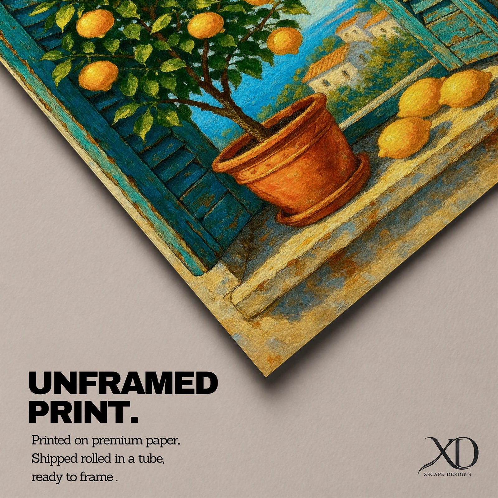 A vibrant framed canvas painting depicting a lemon tree in a terracotta pot set within an open window with blue shutters overlooking a Mediterranean coastal landscape. The artwork captures lush green leaves and ripe lemons with a rustic garden feel, emphasizing natural beauty and outdoor tranquility.