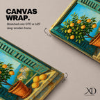 A vibrant framed canvas painting depicting a lemon tree in a terracotta pot set within an open window with blue shutters overlooking a Mediterranean coastal landscape. The artwork captures lush green leaves and ripe lemons with a rustic garden feel, emphasizing natural beauty and outdoor tranquility.