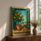 A vibrant framed canvas painting depicting a lemon tree in a terracotta pot set within an open window with blue shutters overlooking a Mediterranean coastal landscape. The artwork captures lush green leaves and ripe lemons with a rustic garden feel, emphasizing natural beauty and outdoor tranquility.