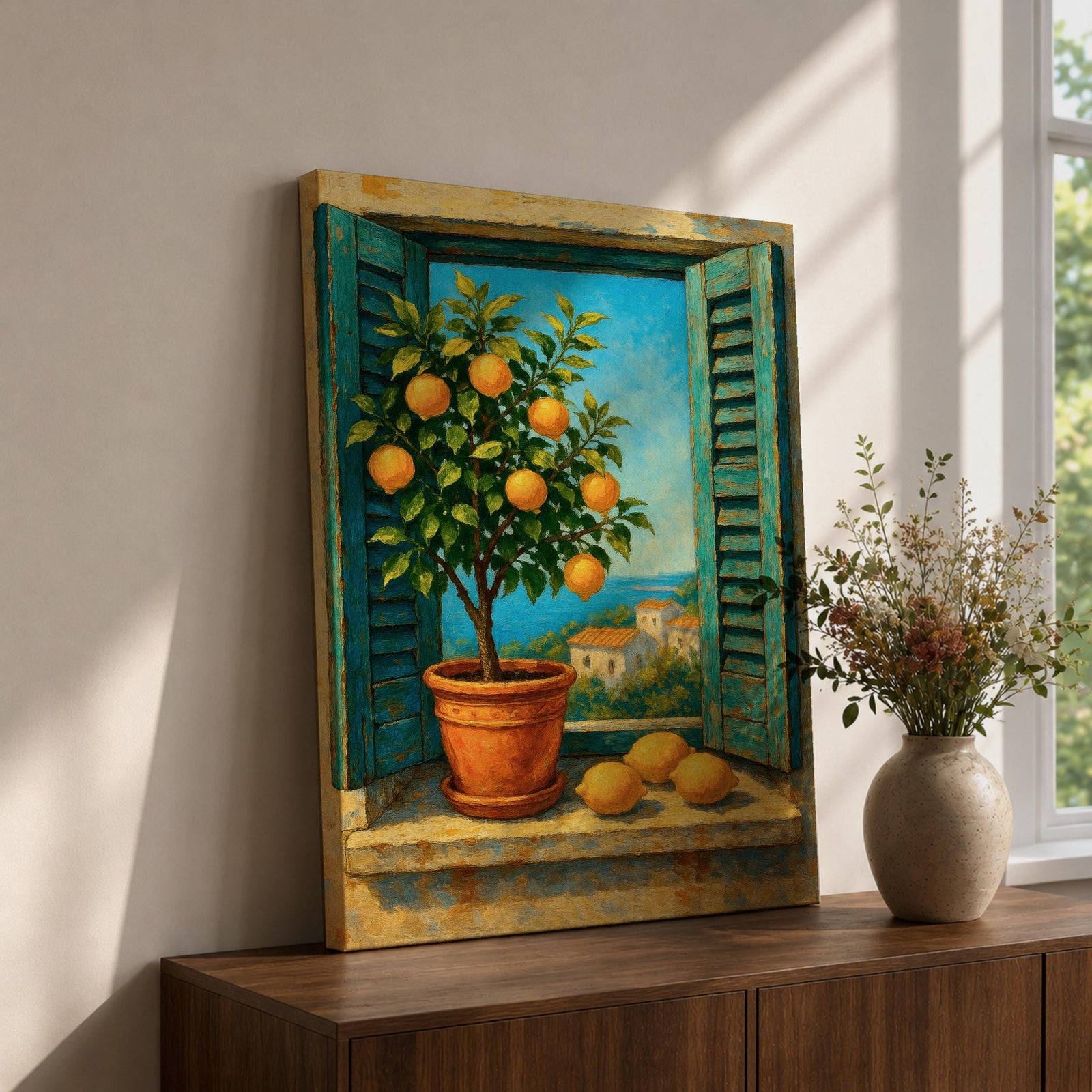 A vibrant framed canvas painting depicting a lemon tree in a terracotta pot set within an open window with blue shutters overlooking a Mediterranean coastal landscape. The artwork captures lush green leaves and ripe lemons with a rustic garden feel, emphasizing natural beauty and outdoor tranquility.