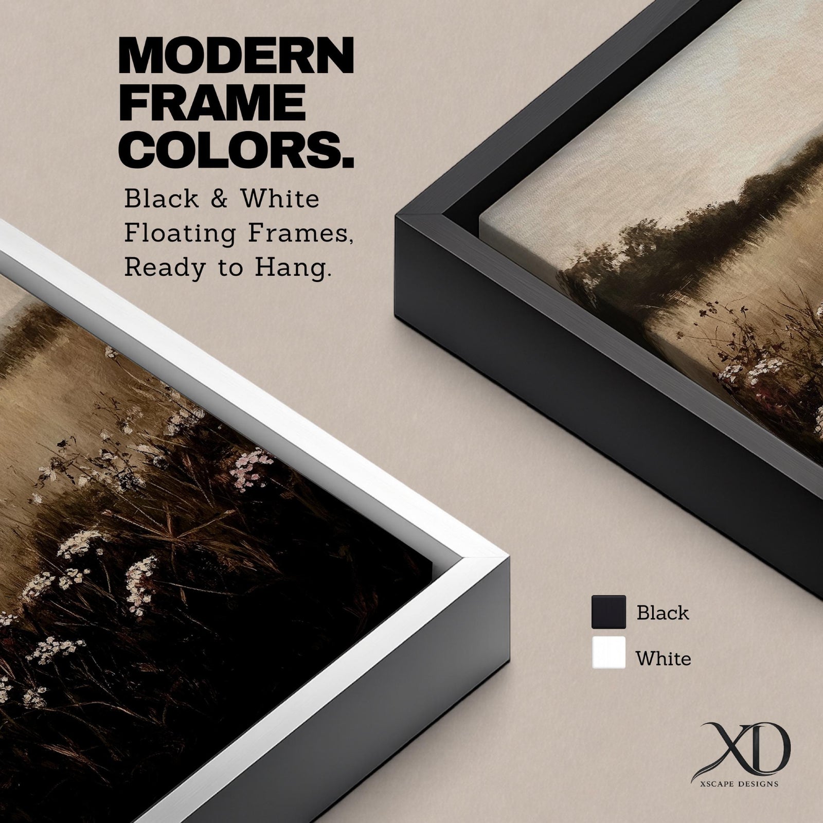 A framed canvas painting depicting a wildflower landscape with tall grasses and clusters of white wildflowers in the foreground, fading into a soft, hazy meadow and distant tree line under a muted sky, rendered in a naturalistic style emphasizing texture and depth.