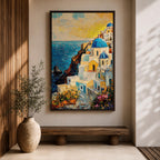 This impasto style painting depicts a vibrant Santorini sunset featuring iconic white buildings with blue domes cascading down a cliffside overlooking the deep blue sea. The textured brushstrokes emphasize the Mediterranean coastal landscape with bright, dynamic colors and detailed architectural elements.