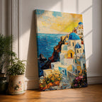 This impasto style painting depicts a vibrant Santorini sunset featuring iconic white buildings with blue domes cascading down a cliffside overlooking the deep blue sea. The textured brushstrokes emphasize the Mediterranean coastal landscape with bright, dynamic colors and detailed architectural elements.