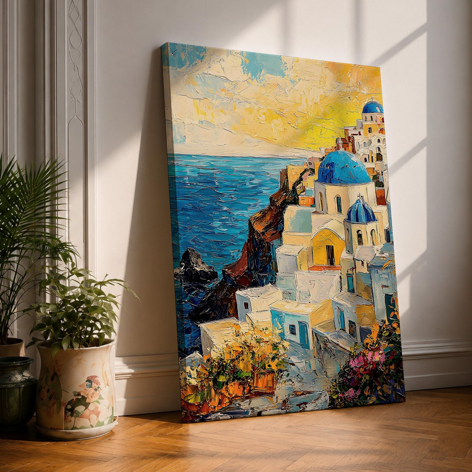 This impasto style painting depicts a vibrant Santorini sunset featuring iconic white buildings with blue domes cascading down a cliffside overlooking the deep blue sea. The textured brushstrokes emphasize the Mediterranean coastal landscape with bright, dynamic colors and detailed architectural elements.
