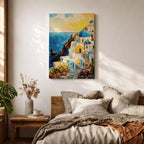 This impasto style painting depicts a vibrant Santorini sunset featuring iconic white buildings with blue domes cascading down a cliffside overlooking the deep blue sea. The textured brushstrokes emphasize the Mediterranean coastal landscape with bright, dynamic colors and detailed architectural elements.