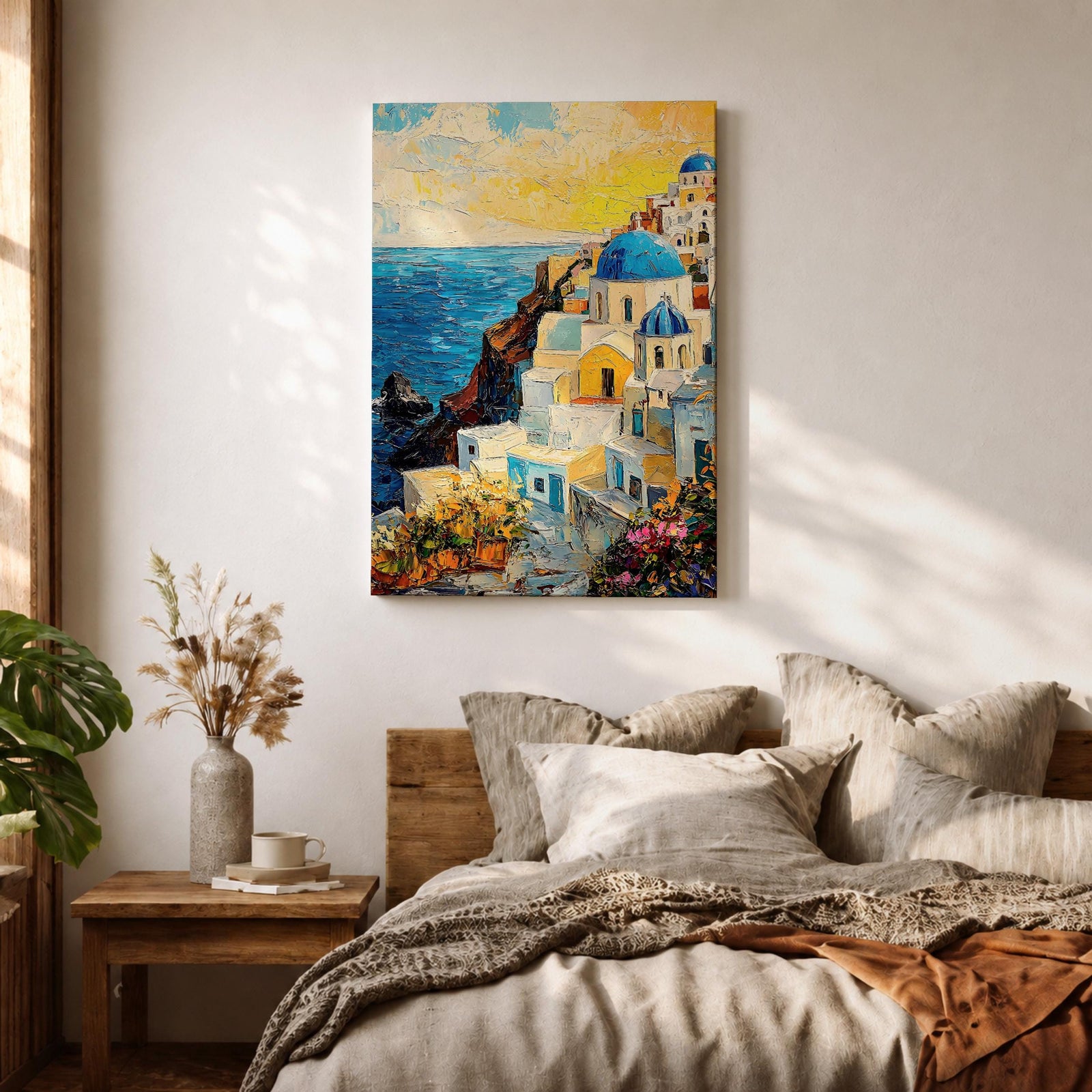 This impasto style painting depicts a vibrant Santorini sunset featuring iconic white buildings with blue domes cascading down a cliffside overlooking the deep blue sea. The textured brushstrokes emphasize the Mediterranean coastal landscape with bright, dynamic colors and detailed architectural elements.