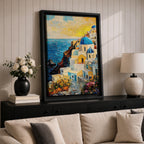 This impasto style painting depicts a vibrant Santorini sunset featuring iconic white buildings with blue domes cascading down a cliffside overlooking the deep blue sea. The textured brushstrokes emphasize the Mediterranean coastal landscape with bright, dynamic colors and detailed architectural elements.