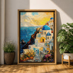 This impasto style painting depicts a vibrant Santorini sunset featuring iconic white buildings with blue domes cascading down a cliffside overlooking the deep blue sea. The textured brushstrokes emphasize the Mediterranean coastal landscape with bright, dynamic colors and detailed architectural elements.