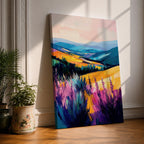 A vibrant oil painting of a lavender field featuring tall purple blooms in the foreground with rolling golden hills and blue mountains in the background. The brushstrokes are expressive and textured, capturing the natural beauty of a rustic botanical landscape in a colorful, realistic style.