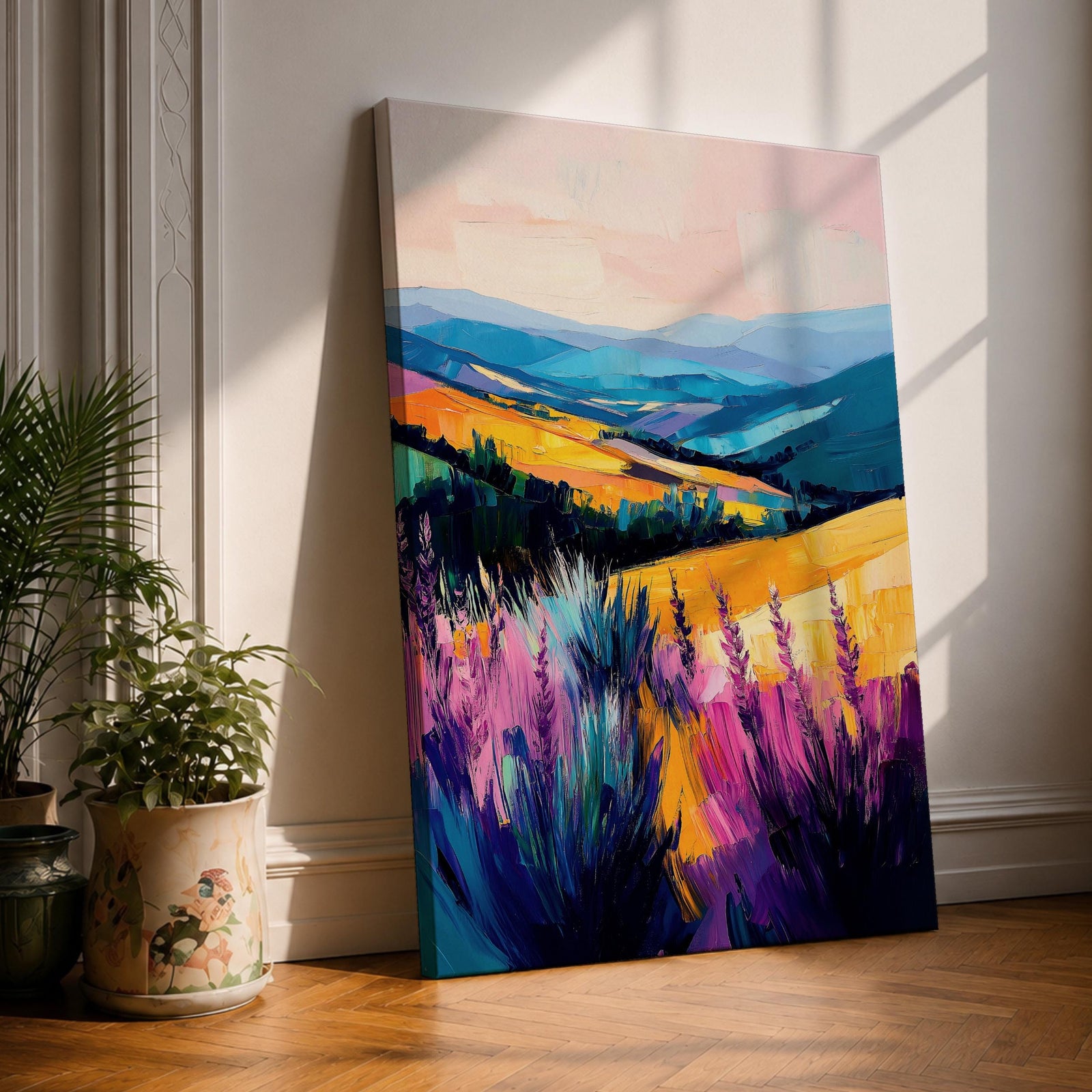 A vibrant oil painting of a lavender field featuring tall purple blooms in the foreground with rolling golden hills and blue mountains in the background. The brushstrokes are expressive and textured, capturing the natural beauty of a rustic botanical landscape in a colorful, realistic style.