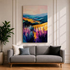 A vibrant oil painting of a lavender field featuring tall purple blooms in the foreground with rolling golden hills and blue mountains in the background. The brushstrokes are expressive and textured, capturing the natural beauty of a rustic botanical landscape in a colorful, realistic style.