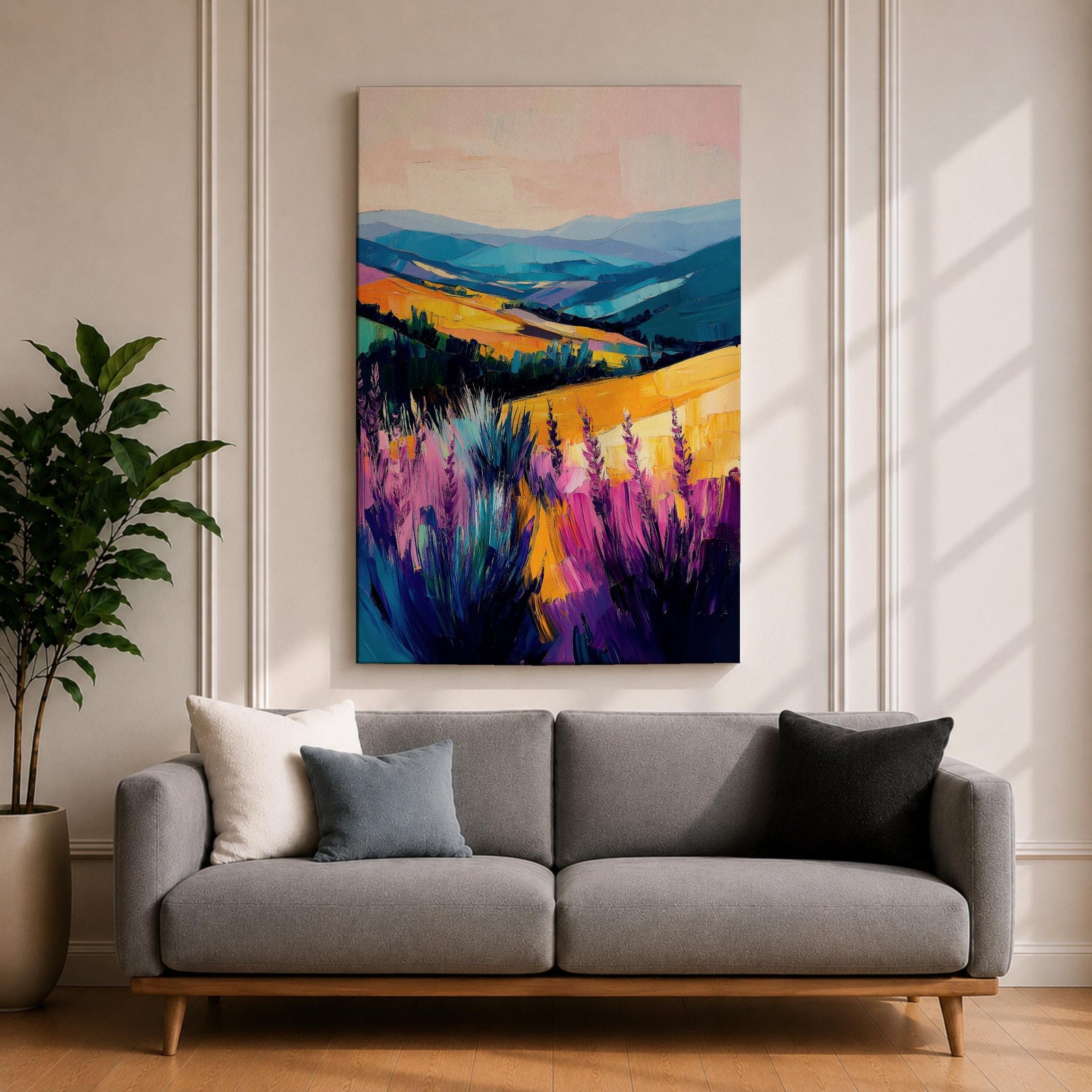 A vibrant oil painting of a lavender field featuring tall purple blooms in the foreground with rolling golden hills and blue mountains in the background. The brushstrokes are expressive and textured, capturing the natural beauty of a rustic botanical landscape in a colorful, realistic style.