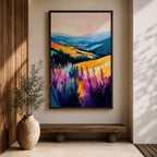 A vibrant oil painting of a lavender field featuring tall purple blooms in the foreground with rolling golden hills and blue mountains in the background. The brushstrokes are expressive and textured, capturing the natural beauty of a rustic botanical landscape in a colorful, realistic style.