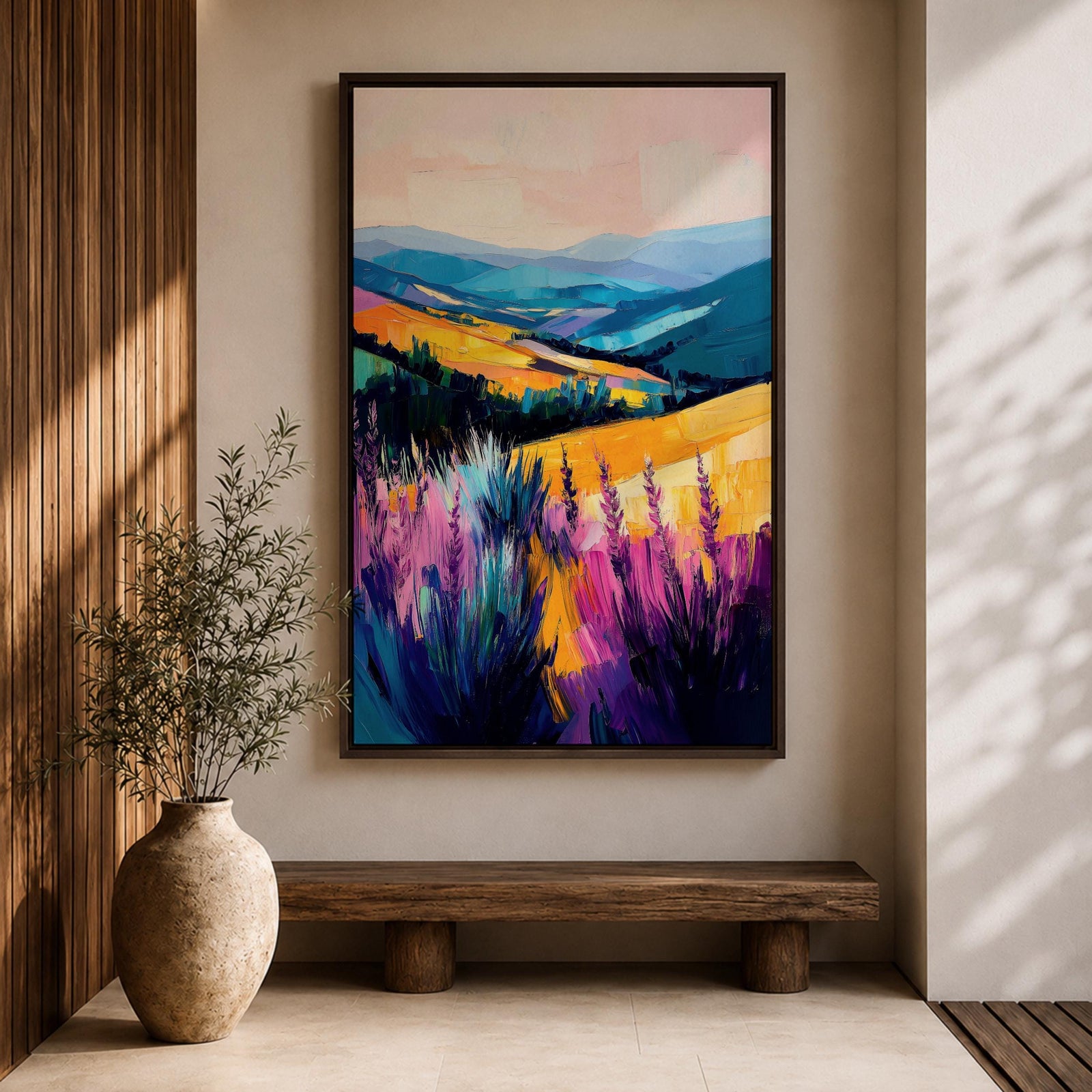 A vibrant oil painting of a lavender field featuring tall purple blooms in the foreground with rolling golden hills and blue mountains in the background. The brushstrokes are expressive and textured, capturing the natural beauty of a rustic botanical landscape in a colorful, realistic style.