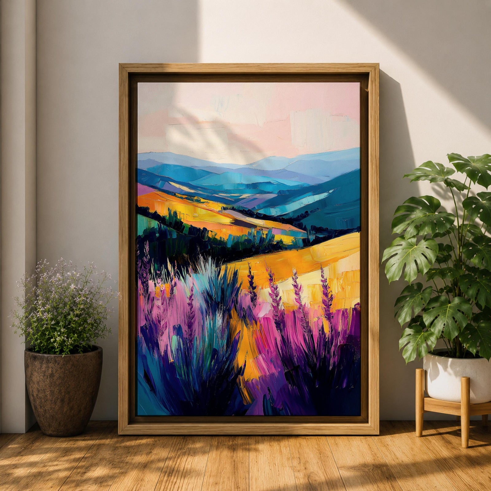 A vibrant oil painting of a lavender field featuring tall purple blooms in the foreground with rolling golden hills and blue mountains in the background. The brushstrokes are expressive and textured, capturing the natural beauty of a rustic botanical landscape in a colorful, realistic style.