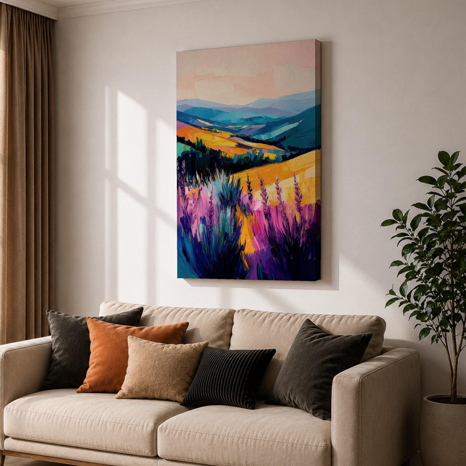 A vibrant oil painting of a lavender field featuring tall purple blooms in the foreground with rolling golden hills and blue mountains in the background. The brushstrokes are expressive and textured, capturing the natural beauty of a rustic botanical landscape in a colorful, realistic style.