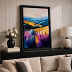 A vibrant oil painting of a lavender field featuring tall purple blooms in the foreground with rolling golden hills and blue mountains in the background. The brushstrokes are expressive and textured, capturing the natural beauty of a rustic botanical landscape in a colorful, realistic style.
