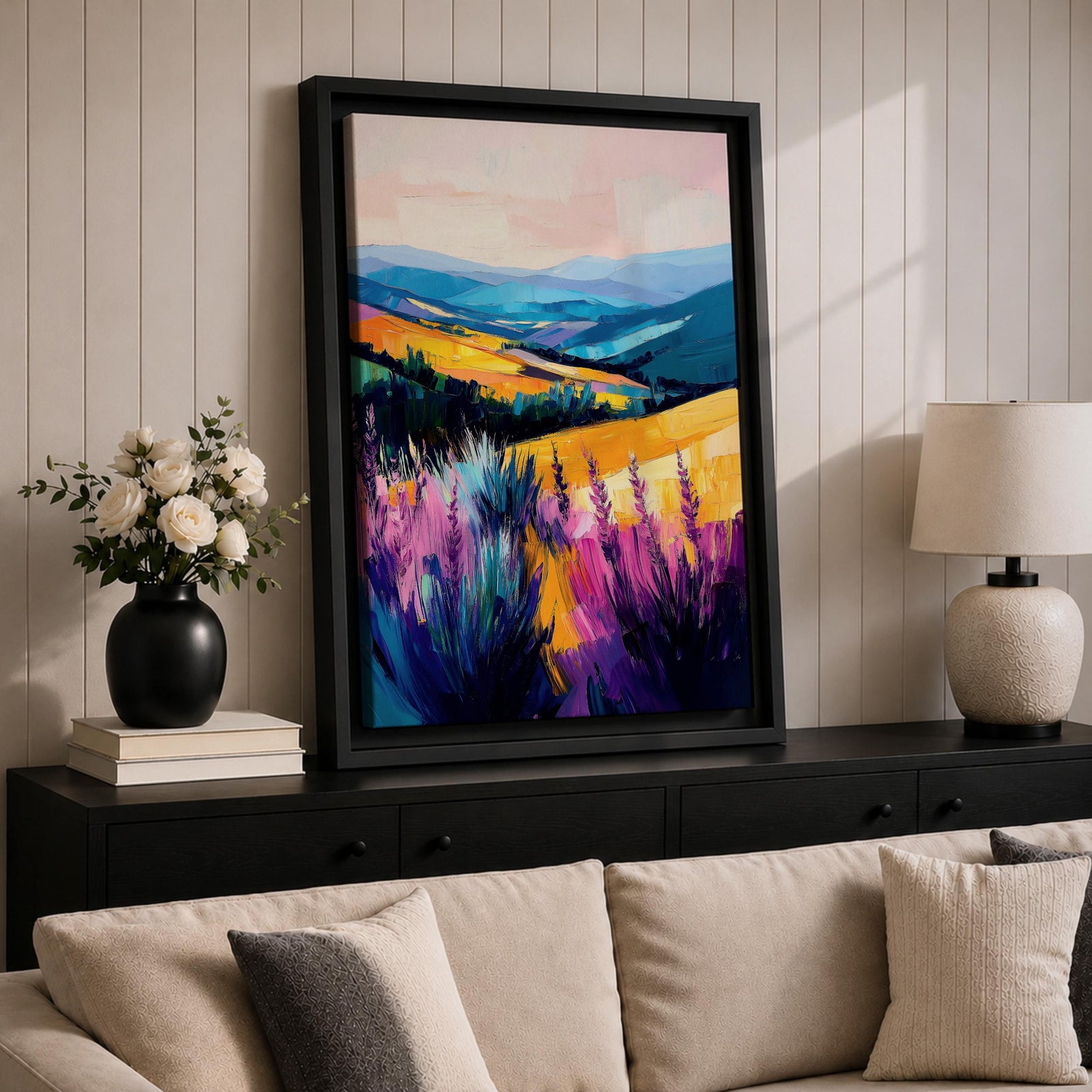 A vibrant oil painting of a lavender field featuring tall purple blooms in the foreground with rolling golden hills and blue mountains in the background. The brushstrokes are expressive and textured, capturing the natural beauty of a rustic botanical landscape in a colorful, realistic style.
