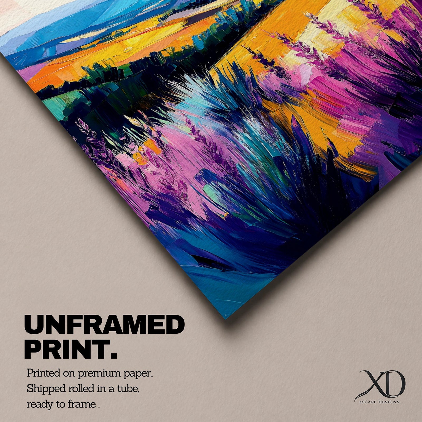 A vibrant oil painting of a lavender field featuring tall purple blooms in the foreground with rolling golden hills and blue mountains in the background. The brushstrokes are expressive and textured, capturing the natural beauty of a rustic botanical landscape in a colorful, realistic style.