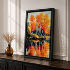 A vibrant watercolor painting of birch trees with bright orange and yellow autumn leaves reflected in a calm lake, showcasing a scenic nature landscape with detailed foliage and serene water reflections.