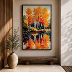 A vibrant watercolor painting of birch trees with bright orange and yellow autumn leaves reflected in a calm lake, showcasing a scenic nature landscape with detailed foliage and serene water reflections.