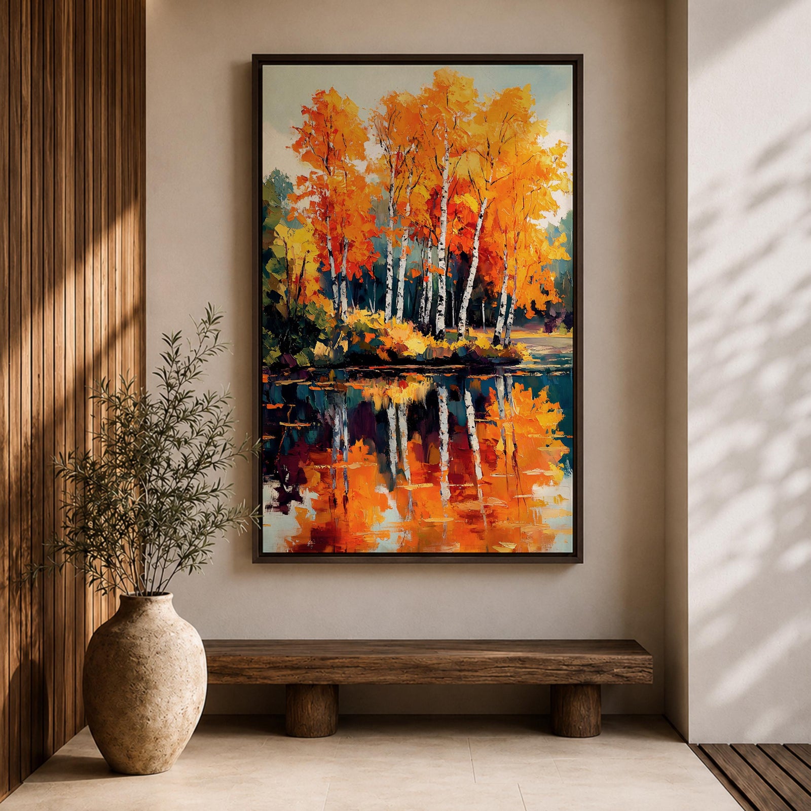 A vibrant watercolor painting of birch trees with bright orange and yellow autumn leaves reflected in a calm lake, showcasing a scenic nature landscape with detailed foliage and serene water reflections.