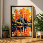 A vibrant watercolor painting of birch trees with bright orange and yellow autumn leaves reflected in a calm lake, showcasing a scenic nature landscape with detailed foliage and serene water reflections.