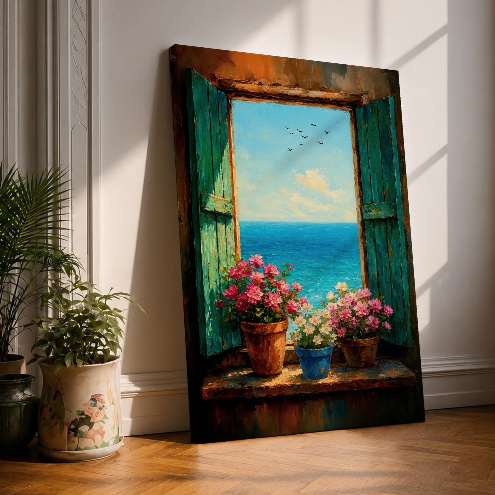 A framed canvas painting depicting a window opening to a bright blue ocean view with a clear sky and birds flying. The window sill holds three pots of vibrant pink and white flowers. The style is realistic with textured brushstrokes emphasizing natural elements and a rustic charm.
