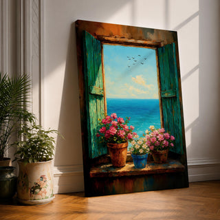 A framed canvas painting depicting a window opening to a bright blue ocean view with a clear sky and birds flying. The window sill holds three pots of vibrant pink and white flowers. The style is realistic with textured brushstrokes emphasizing natural elements and a rustic charm.