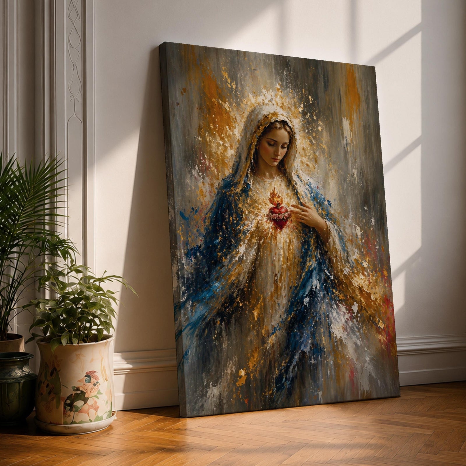 Inspire faith and peace with this Sacred Heart of Mary Wall Art, featuring the Blessed Virgin Mary with a radiant glowing halo and the Immaculate Heart in an expressive impressionist style. Rich blue and gold tones create a timeless Catholic canvas print perfect for prayer rooms, home altars, churches, or sacred spaces.