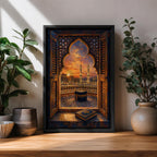 Kaaba wall art viewed through an ornate Islamic arch window overlooking Masjid al Haram at sunset. Featuring the Holy Kaaba, illuminated minarets, and an open Quran in the foreground, this impasto-style Islamic artwork captures a peaceful moment of faith, prayer, and devotion.