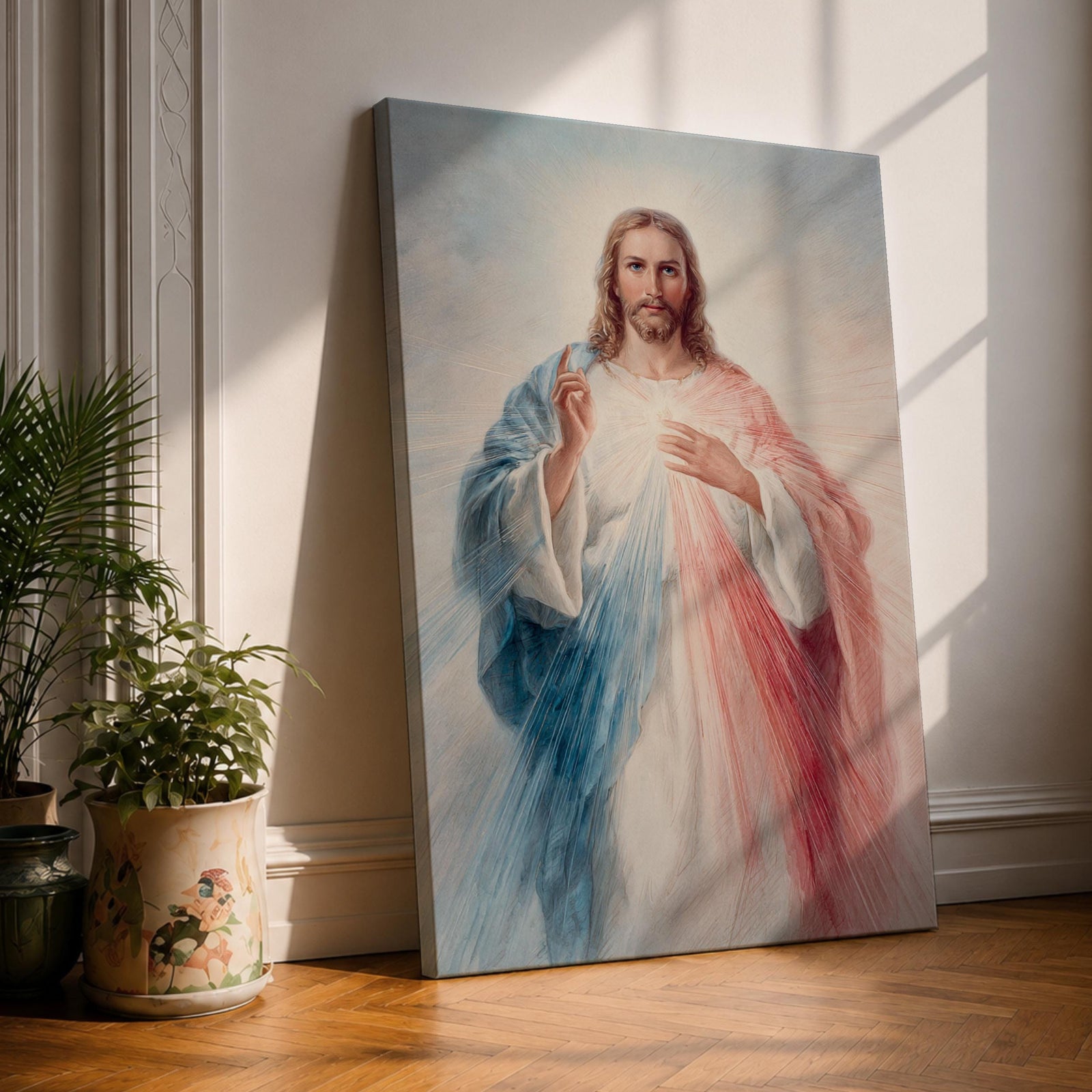 Inspire faith and hope with this Divine Mercy Jesus Wall Art, featuring radiant rays of mercy flowing from Christ in a soft painterly style. This beautiful Christian canvas print brings peace and devotion to prayer rooms, churches, and faith-filled homes.