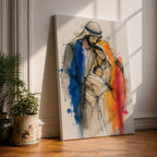 Holy Family wall art featuring Mary, Joseph, and baby Jesus in a tender embrace. This watercolor-style Christian artwork uses expressive sketch lines and soft flowing details to portray faith, love, protection, and the sacred bond of the Nativity story.