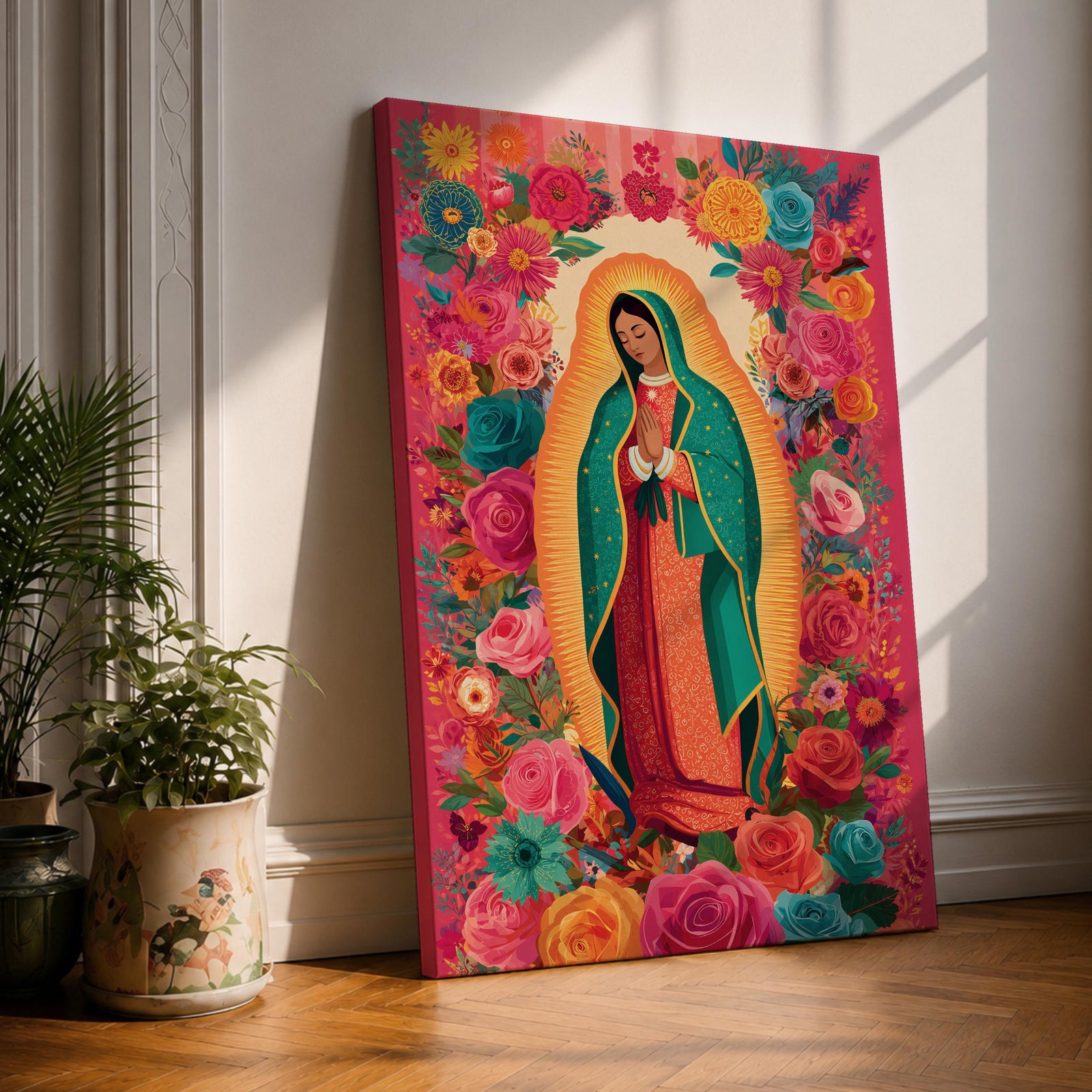Virgin Mary wall art featuring Our Lady of Guadalupe surrounded by a vibrant floral garden of blooming roses and colorful flowers. This Christian artwork combines sacred devotion with botanical beauty, creating an uplifting religious centerpiece for a prayer room or faith-filled home.