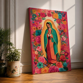Virgin Mary wall art featuring Our Lady of Guadalupe surrounded by a vibrant floral garden of blooming roses and colorful flowers. This Christian artwork combines sacred devotion with botanical beauty, creating an uplifting religious centerpiece for a prayer room or faith-filled home.