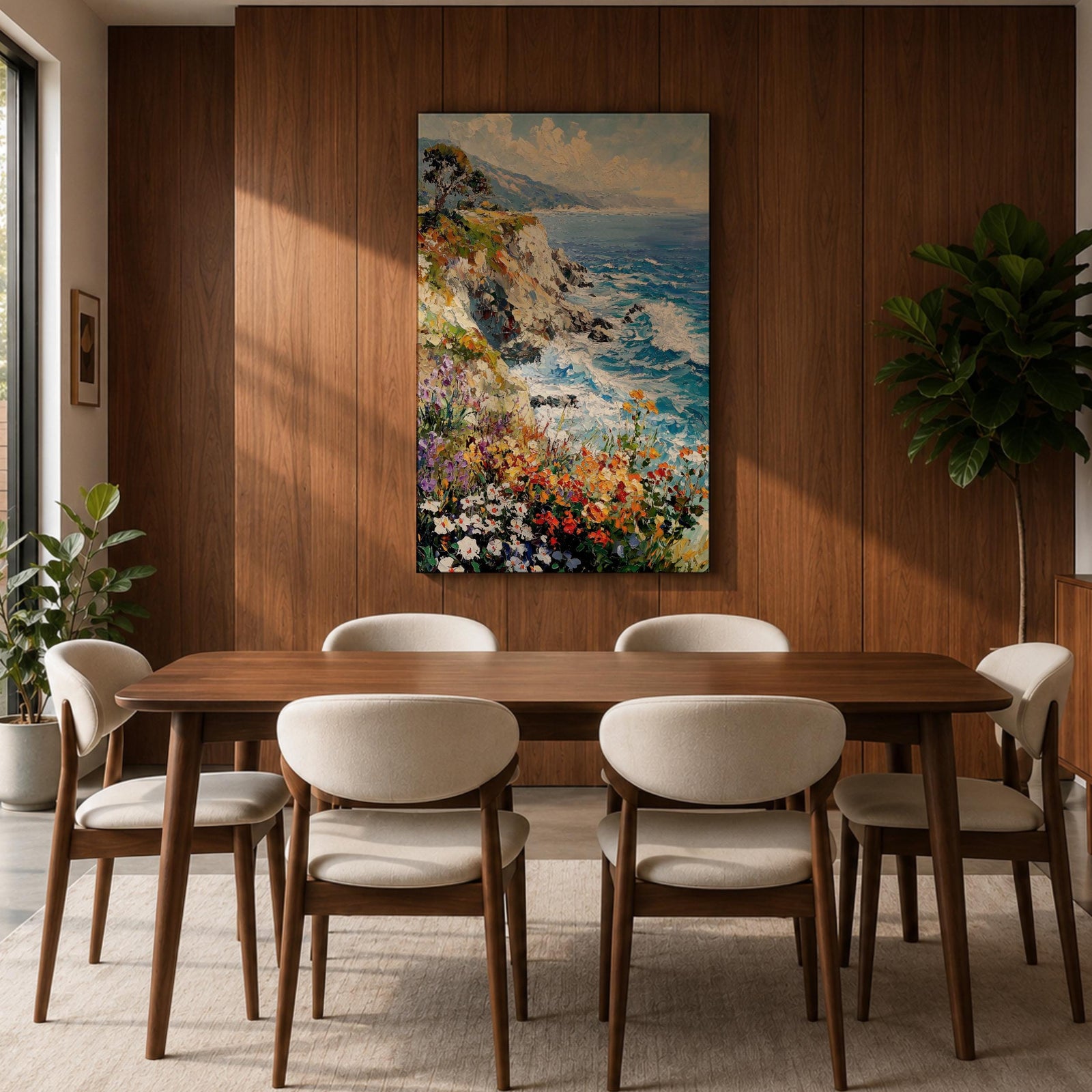 An impasto style painting depicting a vibrant coastal cliff with colorful wildflowers in the foreground and waves crashing against rocky shores under a partly cloudy sky, capturing the dynamic beauty of seaside nature.