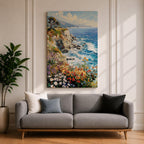 An impasto style painting depicting a vibrant coastal cliff with colorful wildflowers in the foreground and waves crashing against rocky shores under a partly cloudy sky, capturing the dynamic beauty of seaside nature.