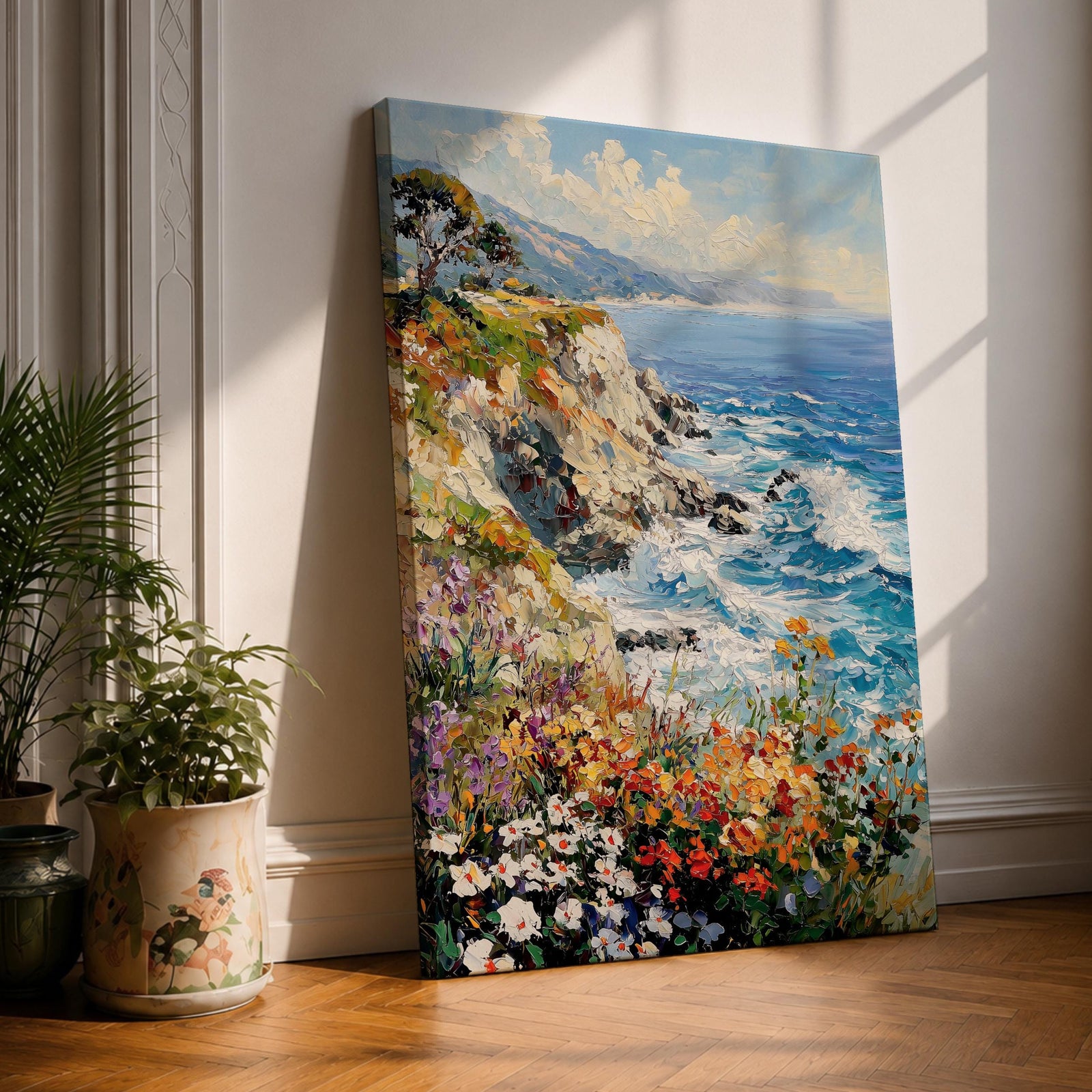 An impasto style painting depicting a vibrant coastal cliff with colorful wildflowers in the foreground and waves crashing against rocky shores under a partly cloudy sky, capturing the dynamic beauty of seaside nature.