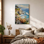 An impasto style painting depicting a vibrant coastal cliff with colorful wildflowers in the foreground and waves crashing against rocky shores under a partly cloudy sky, capturing the dynamic beauty of seaside nature.