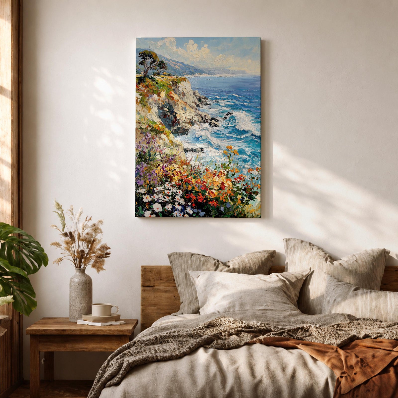 An impasto style painting depicting a vibrant coastal cliff with colorful wildflowers in the foreground and waves crashing against rocky shores under a partly cloudy sky, capturing the dynamic beauty of seaside nature.